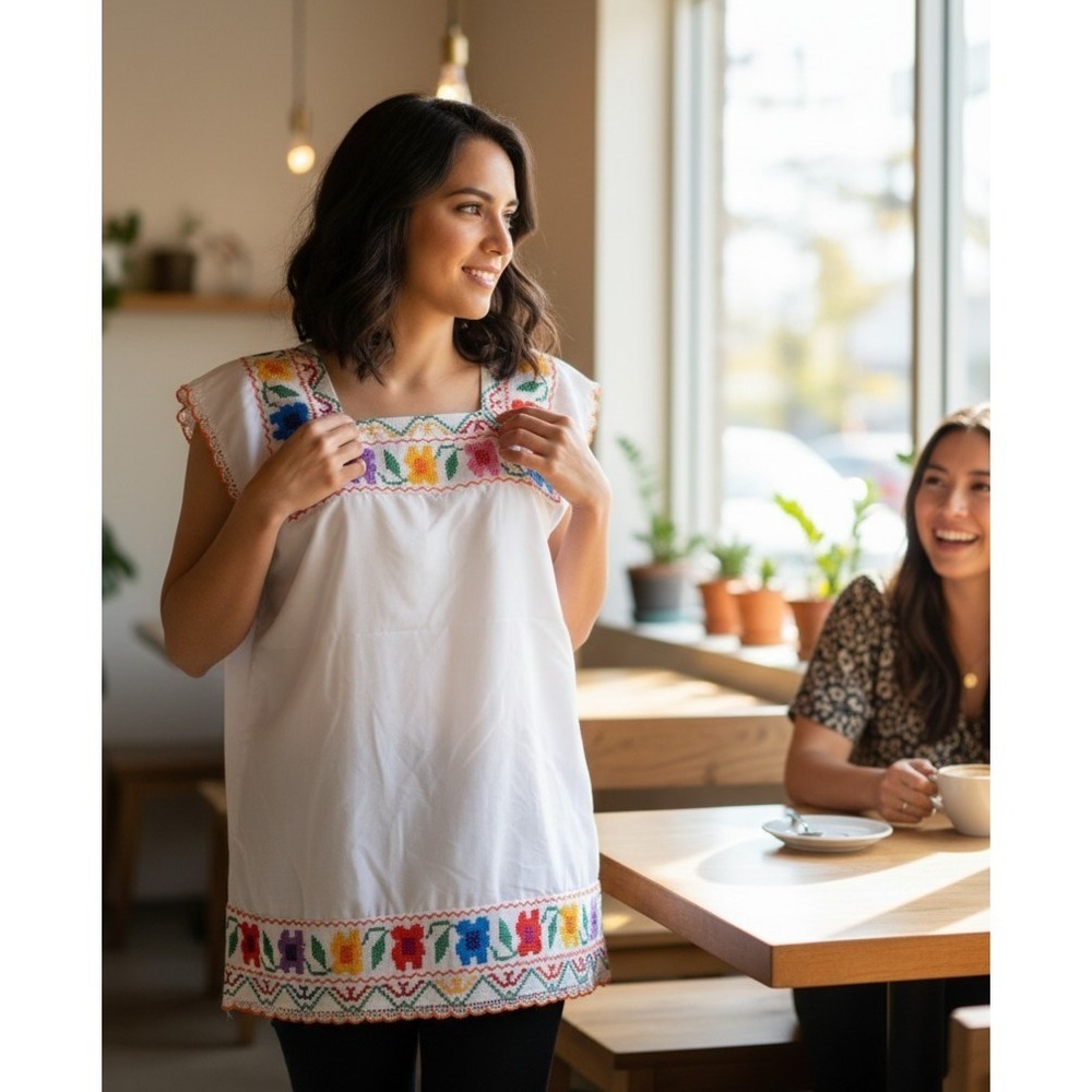 Unbranded Embroidered White Huipil Handmade Oaxaqueno Colorful  Blouse -OS